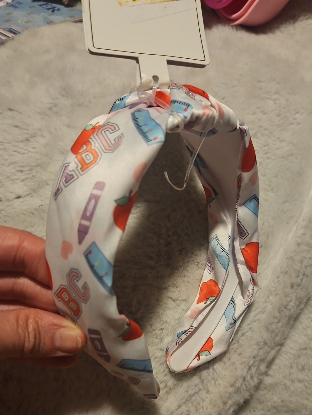 School Themed  White Patterned Headband with Orange and Blue Print
